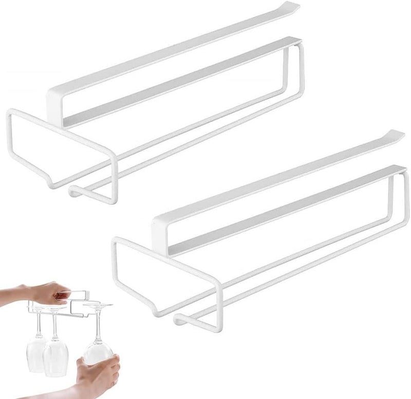 FAQUSA 2 Wine Glasses Holder, 10 Inch Punch-free Glass Rack Holder Cabinet Storage Space-Saving for Kitchen Bar Home Wine Lovers (White) - Image 1